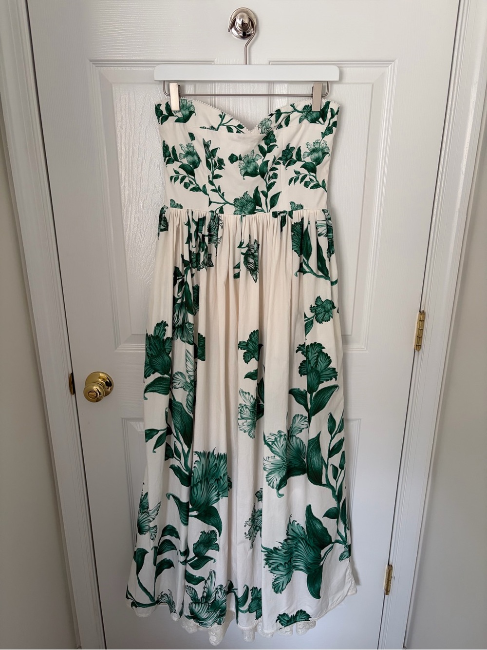 AGUA by Agua Bendita Strapless Cream Maxi Dress Emerald Green Floral Print (M)